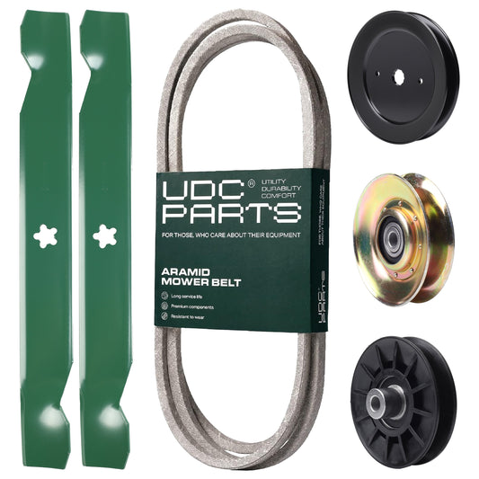 UDC Parts Mower Kit / Belt 532194346 + Pulley 127783 + Pulley 129861 + Pulley 532194326 + 2 Pack Blades 138497 / Fits Husqvarna LT152 MOWER PARTS - UDC Parts Mower Kit / Belt 532194346 + Pulley 127783 + Pulley 129861 + Pulley 532194326 + 2 Pack Blades 138497 / Fits Husqvarna LT152