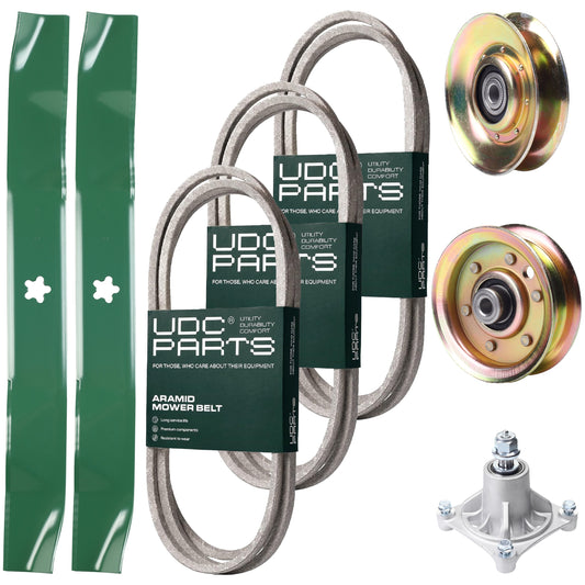 UDC Parts Mower Kit / Belt 140294 + Belt 174368 + Belt 180808 + Pulley 127783 + Pulley 173437 + Spindle 532174356 + 2 Pack Blades 134149 / Fits Jonsered LT2122A2 MOWER PARTS - UDC Parts Mower Kit / Belt 140294 + Belt 174368 + Belt 180808 + Pulley 127783 + Pulley 173437 + Spindle 532174356 + 2 Pack Blades 134149 / Fits Jonsered LT2122A2