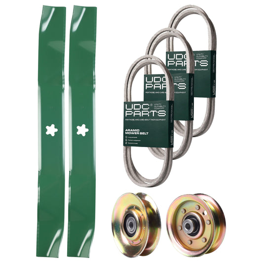 UDC Parts Mower Kit / Belt 140294 + Belt 144200 + Belt 174883 + Pulley 127783 + Pulley 173437 + 2 Pack Blades 134149 / Fits Husqvarna LTH120 YTH170 MOWER PARTS - UDC Parts Mower Kit / Belt 140294 + Belt 144200 + Belt 174883 + Pulley 127783 + Pulley 173437 + 2 Pack Blades 134149 / Fits Husqvarna LTH120 YTH170