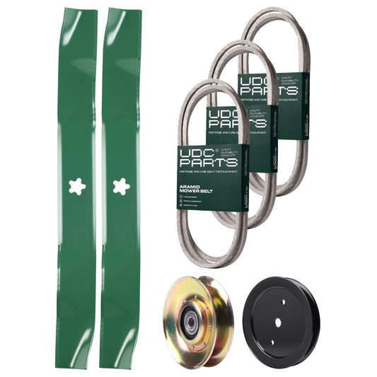 UDC Parts Mower Kit / Belt 140218 + Belt 144959 + Belt 197253 + Pulley 127783 + Pulley 195945 + 2 Pack Blades 134149 / Fits Poulan Pro PK20H42YT MOWER PARTS - UDC Parts Mower Kit / Belt 140218 + Belt 144959 + Belt 197253 + Pulley 127783 + Pulley 195945 + 2 Pack Blades 134149 / Fits Poulan Pro PK20H42YT