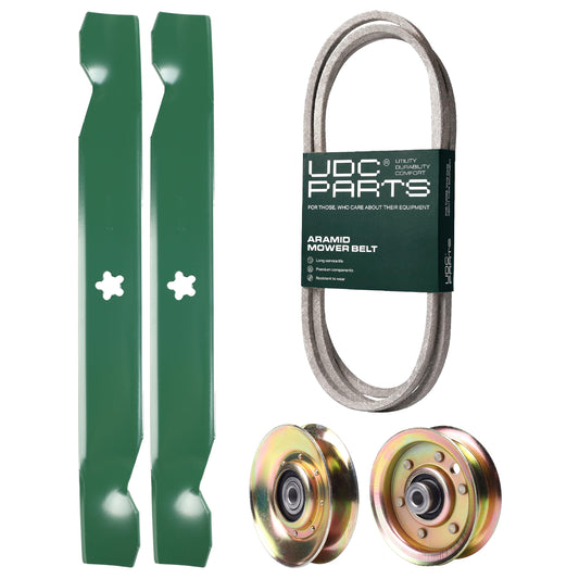 UDC Parts Mower Kit / Belt 144959 + Pulley 127783 + Pulley 173437 + 2 Pack Blades 138497 / Fits Poulan PXT12538 MOWER PARTS - UDC Parts Mower Kit / Belt 144959 + Pulley 127783 + Pulley 173437 + 2 Pack Blades 138497 / Fits Poulan PXT12538