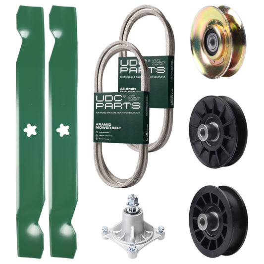 UDC Parts Mower Kit / Belt 138255 + Belt 194346 + Pulley 127783 + Pulley 532194326 + Pulley 532194327 + Spindle 532174356 + 2 Pack Blades 138497 / Fits Husqvarna LT1597 Bulk Lawn Mower Blades - UDC Parts Mower Kit / Belt 138255 + Belt 194346 + Pulley 127783 + Pulley 532194326 + Pulley 532194327 + Spindle 532174356 + 2 Pack Blades 138497 / Fits Husqvarna LT1597