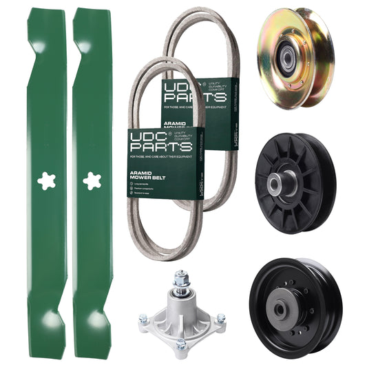 UDC Parts Mower Kit / Belt 138255 + Belt 194346 + Pulley 127783 + Pulley 532194326 + Pulley 532196104 + Spindle 532174356 + 2 Pack Blades 138497 / Fits Husqvarna LT1597 Bulk Lawn Mower Blades -  UDC Parts Mower Kit / Belt 138255 + Belt 194346 + Pulley 127783 + Pulley 532194326 + Pulley 532196104 + Spindle 532174356 + 2 Pack Blades 138497 / Fits Husqvarna LT1597