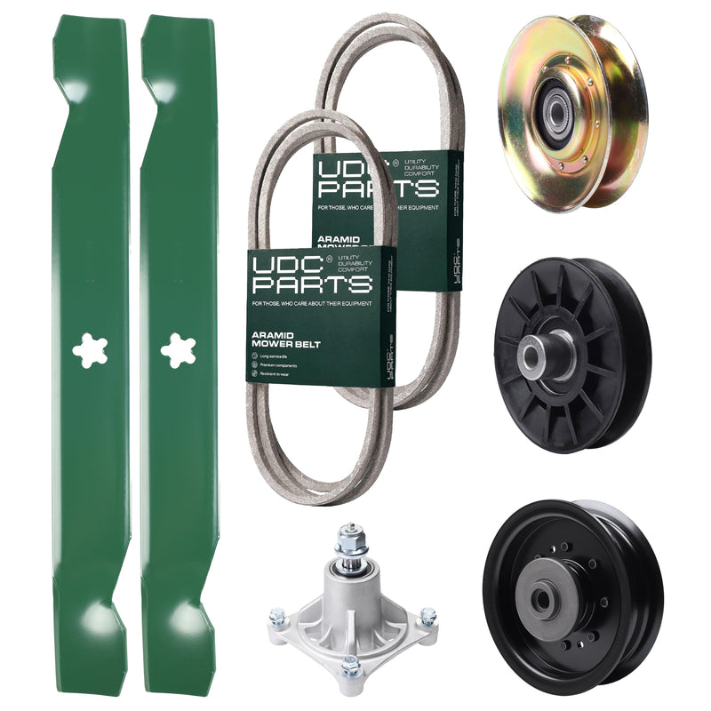 UDC Parts Mower Kit / Belt 138255 + Belt 194346 + Pulley 127783 + Pulley 532194326 + Pulley 532196104 + Spindle 532174356 + 2 Pack Blades 138497 / Fits Husqvarna LT1597 Bulk Lawn Mower Blades -  UDC Parts Mower Kit / Belt 138255 + Belt 194346 + Pulley 127783 + Pulley 532194326 + Pulley 532196104 + Spindle 532174356 + 2 Pack Blades 138497 / Fits Husqvarna LT1597