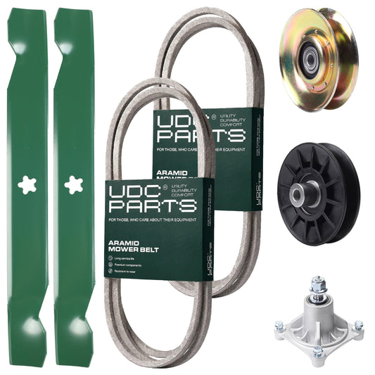 UDC Parts Mower Kit / Belt 138255 + Belt 194346 + Pulley 127783 + Pulley 532194326 + Spindle 532174356 + 2 Pack Blades 138497 / Fits Husqvarna LT1597 MOWER PARTS - UDC Parts Mower Kit / Belt 138255 + Belt 194346 + Pulley 127783 + Pulley 532194326 + Spindle 532174356 + 2 Pack Blades 138497 / Fits Husqvarna LT1597
