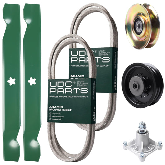 UDC Parts Mower Kit / Belt 138255 + Belt 194346 + Pulley 127783 + Pulley 532196104 + Spindle 532174356 + 2 Pack Blades 138497 / Fits Husqvarna LT1597 MOWER PARTS - UDC Parts Mower Kit / Belt 138255 + Belt 194346 + Pulley 127783 + Pulley 532196104 + Spindle 532174356 + 2 Pack Blades 138497 / Fits Husqvarna LT1597
