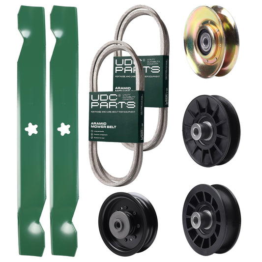 UDC Parts Mower Kit / Belt 138255 + Belt 194346 + Pulley 127783 + Pulley 532194326 + Pulley 532194327 + Pulley 532196104 + 2 Pack Blades 138497 / Fits Husqvarna LT1597 Bulk Lawn Mower Blades -  UDC Parts Mower Kit / Belt 138255 + Belt 194346 + Pulley 127783 + Pulley 532194326 + Pulley 532194327 + Pulley 532196104 + 2 Pack Blades 138497 / Fits Husqvarna LT1597