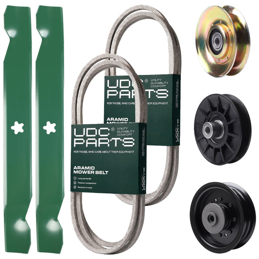 UDC Parts Mower Kit / Belt 138255 + Belt 194346 + Pulley 127783 + Pulley 532194326 + Pulley 532196104 + 2 Pack Blades 138497 / Fits Husqvarna LT1597 MOWER PARTS - UDC Parts Mower Kit / Belt 138255 + Belt 194346 + Pulley 127783 + Pulley 532194326 + Pulley 532196104 + 2 Pack Blades 138497 / Fits Husqvarna LT1597