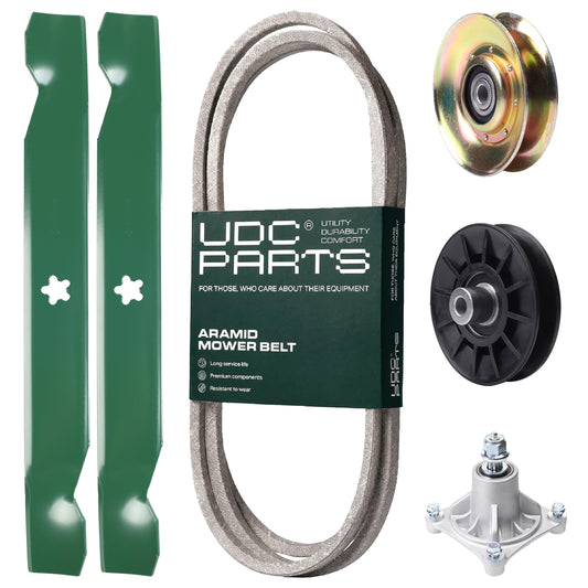UDC Parts Mower Kit / Belt 138255 + Pulley 127783 + Pulley 532194326 + Spindle 532174356 + 2 Pack Blades 138497 / Fits Husqvarna LT1597 MOWER PARTS - UDC Parts Mower Kit / Belt 138255 + Pulley 127783 + Pulley 532194326 + Spindle 532174356 + 2 Pack Blades 138497 / Fits Husqvarna LT1597