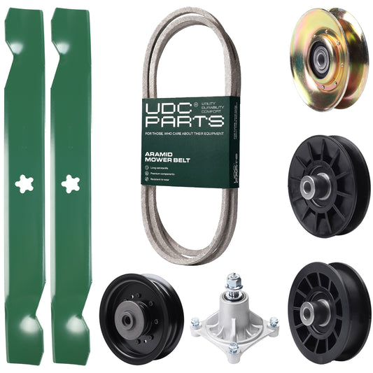 UDC Parts Mower Kit / Belt 194346 + Pulley 127783 + Pulley 532194326 + Pulley 532194327 + Pulley 532196104 + Spindle 532174356 + 2 Pack Blades 138497 / Fits Husqvarna LT1597 MOWER PARTS - UDC Parts Mower Kit / Belt 194346 + Pulley 127783 + Pulley 532194326 + Pulley 532194327 + Pulley 532196104 + Spindle 532174356 + 2 Pack Blades 138497 / Fits Husqvarna LT1597