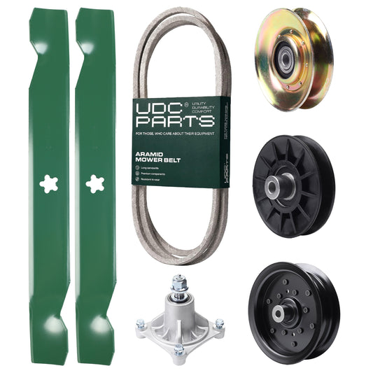 UDC Parts Mower Kit / Belt 194346 + Pulley 127783 + Pulley 532194326 + Pulley 532196104 + Spindle 532174356 + 2 Pack Blades 138497 / Fits Husqvarna LT1597 MOWER PARTS - UDC Parts Mower Kit / Belt 194346 + Pulley 127783 + Pulley 532194326 + Pulley 532196104 + Spindle 532174356 + 2 Pack Blades 138497 / Fits Husqvarna LT1597
