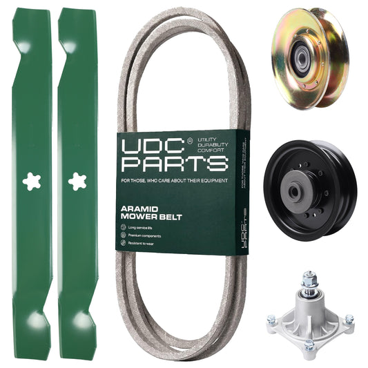 UDC Parts Mower Kit / Belt 194346 + Pulley 127783 + Pulley 532196104 + Spindle 532174356 + 2 Pack Blades 138497 / Fits Husqvarna LT1597 MOWER PARTS - UDC Parts Mower Kit / Belt 194346 + Pulley 127783 + Pulley 532196104 + Spindle 532174356 + 2 Pack Blades 138497 / Fits Husqvarna LT1597