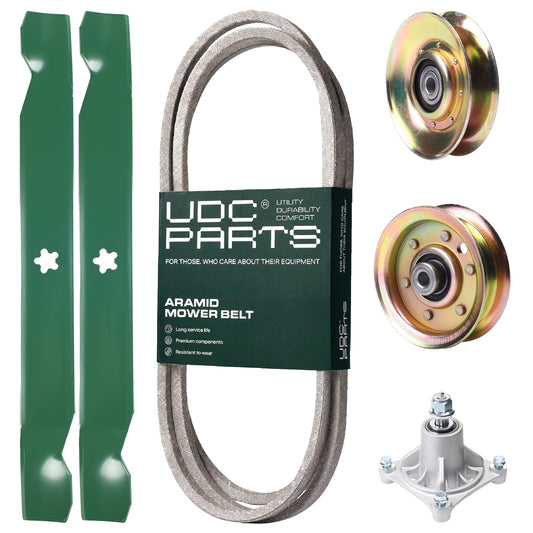 UDC Parts Mower Kit / Belt 140294 + Pulley 127783 + Pulley 173437 + Spindle 532174356 + 2 Pack Blades 138971 / Fits Husqvarna LTH1542 YTH130 MOWER PARTS - UDC Parts Mower Kit / Belt 140294 + Pulley 127783 + Pulley 173437 + Spindle 532174356 + 2 Pack Blades 138971 / Fits Husqvarna LTH1542 YTH130