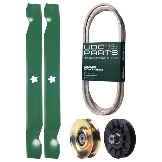 UDC Parts Mower Kit / Belt 138255 + Pulley 127783 + Pulley 532194326 + 2 Pack Blades 138971 / Fits Husqvarna LT152 MOWER PARTS - UDC Parts Mower Kit / Belt 138255 + Pulley 127783 + Pulley 532194326 + 2 Pack Blades 138971 / Fits Husqvarna LT152