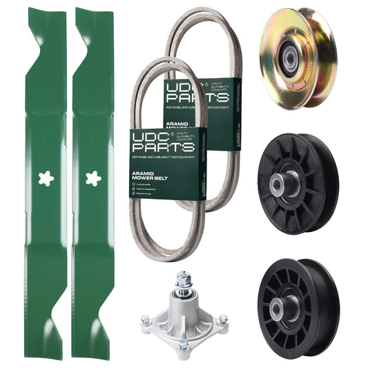 UDC Parts Mower Kit / Belt 138255 + Belt 194346 + Pulley 127783 + Pulley 532194326 + Pulley 532194327 + Spindle 532174356 + 2 Pack Blades 405380 / Fits Husqvarna LT1597 MOWER PARTS - UDC Parts Mower Kit / Belt 138255 + Belt 194346 + Pulley 127783 + Pulley 532194326 + Pulley 532194327 + Spindle 532174356 + 2 Pack Blades 405380 / Fits Husqvarna LT1597