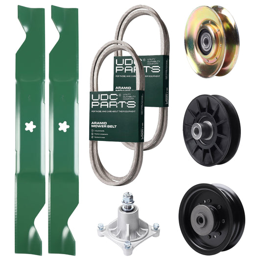 UDC Parts Mower Kit / Belt 138255 + Belt 194346 + Pulley 127783 + Pulley 532194326 + Pulley 532196104 + Spindle 532174356 + 2 Pack Blades 405380 / Fits Husqvarna LT1597 Bulk Lawn Mower Blades -  UDC Parts Mower Kit / Belt 138255 + Belt 194346 + Pulley 127783 + Pulley 532194326 + Pulley 532196104 + Spindle 532174356 + 2 Pack Blades 405380 / Fits Husqvarna LT1597