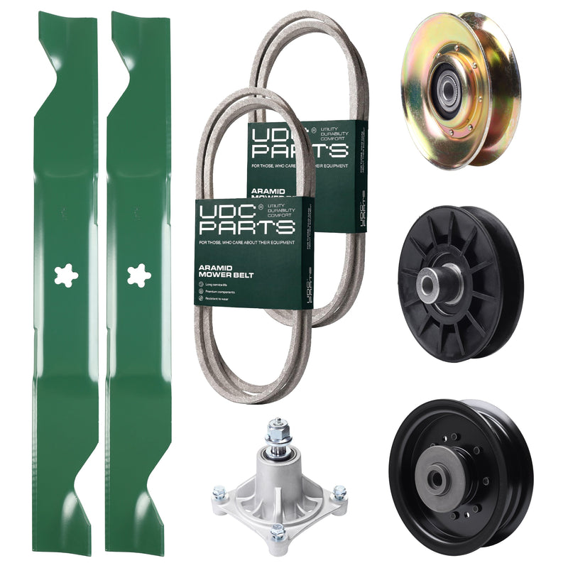UDC Parts Mower Kit / Belt 138255 + Belt 194346 + Pulley 127783 + Pulley 532194326 + Pulley 532196104 + Spindle 532174356 + 2 Pack Blades 405380 / Fits Husqvarna LT1597 Bulk Lawn Mower Blades -  UDC Parts Mower Kit / Belt 138255 + Belt 194346 + Pulley 127783 + Pulley 532194326 + Pulley 532196104 + Spindle 532174356 + 2 Pack Blades 405380 / Fits Husqvarna LT1597