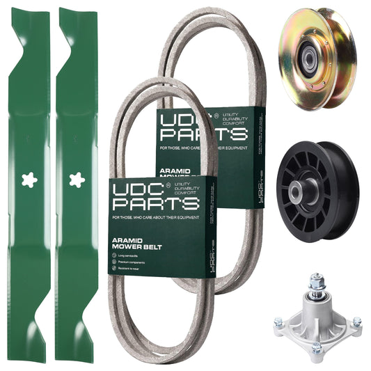 UDC Parts Mower Kit / Belt 138255 + Belt 194346 + Pulley 127783 + Pulley 532194327 + Spindle 532174356 + 2 Pack Blades 405380 / Fits Husqvarna LT1597 MOWER PARTS - UDC Parts Mower Kit / Belt 138255 + Belt 194346 + Pulley 127783 + Pulley 532194327 + Spindle 532174356 + 2 Pack Blades 405380 / Fits Husqvarna LT1597