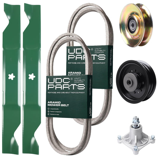 UDC Parts Mower Kit / Belt 138255 + Belt 194346 + Pulley 127783 + Pulley 532196104 + Spindle 532174356 + 2 Pack Blades 405380 / Fits Husqvarna LT1597 MOWER PARTS - UDC Parts Mower Kit / Belt 138255 + Belt 194346 + Pulley 127783 + Pulley 532196104 + Spindle 532174356 + 2 Pack Blades 405380 / Fits Husqvarna LT1597