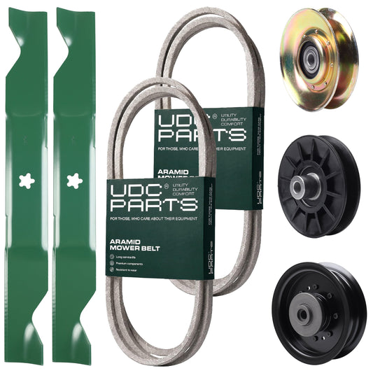 UDC Parts Mower Kit / Belt 138255 + Belt 194346 + Pulley 127783 + Pulley 532194326 + Pulley 532196104 + 2 Pack Blades 405380 / Fits Husqvarna LT1597 MOWER PARTS - UDC Parts Mower Kit / Belt 138255 + Belt 194346 + Pulley 127783 + Pulley 532194326 + Pulley 532196104 + 2 Pack Blades 405380 / Fits Husqvarna LT1597