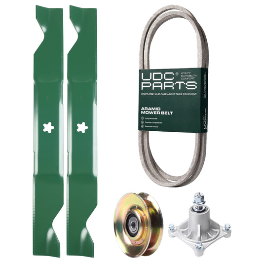 UDC Parts Mower Kit / Belt 138255 + Pulley 127783 + Spindle 532174356 + 2 Pack Blades 405380 / Fits Husqvarna LT1597 MOWER PARTS - UDC Parts Mower Kit / Belt 138255 + Pulley 127783 + Spindle 532174356 + 2 Pack Blades 405380 / Fits Husqvarna LT1597