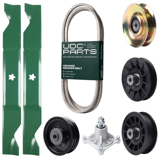 UDC Parts Mower Kit / Belt 138255 + Pulley 127783 + Pulley 532194326 + Pulley 532194327 + Pulley 532196104 + Spindle 532174356 + 2 Pack Blades 405380 / Fits Husqvarna LT1597 Bulk Lawn Mower Blades -  UDC Parts Mower Kit / Belt 138255 + Pulley 127783 + Pulley 532194326 + Pulley 532194327 + Pulley 532196104 + Spindle 532174356 + 2 Pack Blades 405380 / Fits Husqvarna LT1597