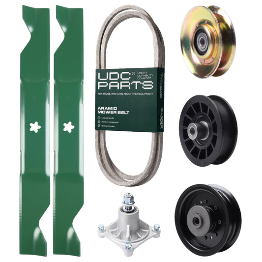 UDC Parts Mower Kit / Belt 138255 + Pulley 127783 + Pulley 532194327 + Pulley 532196104 + Spindle 532174356 + 2 Pack Blades 405380 / Fits Husqvarna LT1597 MOWER PARTS - UDC Parts Mower Kit / Belt 138255 + Pulley 127783 + Pulley 532194327 + Pulley 532196104 + Spindle 532174356 + 2 Pack Blades 405380 / Fits Husqvarna LT1597