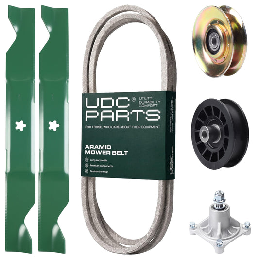 UDC Parts Mower Kit / Belt 194346 + Pulley 127783 + Pulley 532194327 + Spindle 532174356 + 2 Pack Blades 405380 / Fits Husqvarna LT1597 MOWER PARTS - UDC Parts Mower Kit / Belt 194346 + Pulley 127783 + Pulley 532194327 + Spindle 532174356 + 2 Pack Blades 405380 / Fits Husqvarna LT1597