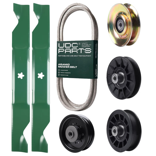 UDC Parts Mower Kit / Belt 138255 + Pulley 127783 + Pulley 532194326 + Pulley 532194327 + Pulley 532196104 + 2 Pack Blades 405380 / Fits Husqvarna LT1597 MOWER PARTS - UDC Parts Mower Kit / Belt 138255 + Pulley 127783 + Pulley 532194326 + Pulley 532194327 + Pulley 532196104 + 2 Pack Blades 405380 / Fits Husqvarna LT1597