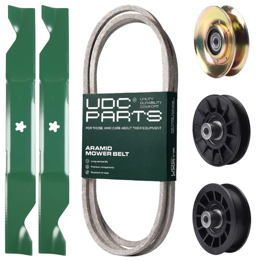 UDC Parts Mower Kit / Belt 138255 + Pulley 127783 + Pulley 532194326 + Pulley 532194327 + 2 Pack Blades 405380 / Fits Husqvarna LT1597 MOWER PARTS - UDC Parts Mower Kit / Belt 138255 + Pulley 127783 + Pulley 532194326 + Pulley 532194327 + 2 Pack Blades 405380 / Fits Husqvarna LT1597