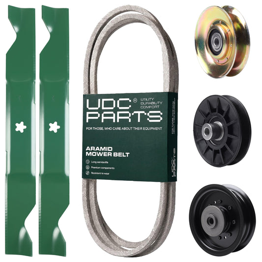UDC Parts Mower Kit / Belt 138255 + Pulley 127783 + Pulley 532194326 + Pulley 532196104 + 2 Pack Blades 405380 / Fits Husqvarna LT1597 MOWER PARTS - UDC Parts Mower Kit / Belt 138255 + Pulley 127783 + Pulley 532194326 + Pulley 532196104 + 2 Pack Blades 405380 / Fits Husqvarna LT1597