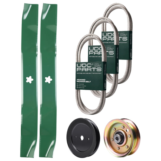 UDC Parts Mower Kit / Belt 138255 + Belt 144200 + Belt 144959 + Pulley 129861 + Pulley 173437 + 2 Pack Blades 134149 / Fits Husqvarna YT150 MOWER PARTS - UDC Parts Mower Kit / Belt 138255 + Belt 144200 + Belt 144959 + Pulley 129861 + Pulley 173437 + 2 Pack Blades 134149 / Fits Husqvarna YT150