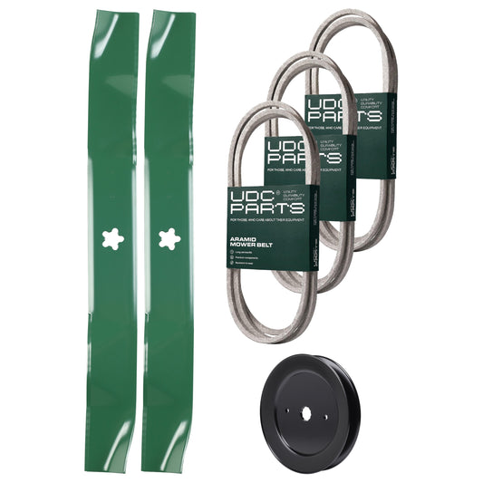 UDC Parts Mower Kit / Belt 138255 + Belt 140218 + Belt 140294 + Pulley 129861 + 2 Pack Blades 134149 / Fits Husqvarna YTH180 MOWER PARTS - UDC Parts Mower Kit / Belt 138255 + Belt 140218 + Belt 140294 + Pulley 129861 + 2 Pack Blades 134149 / Fits Husqvarna YTH180