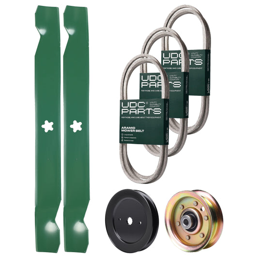 UDC Parts Mower Kit / Belt 140294 + Belt 174368 + Belt 180808 + Pulley 129861 + Pulley 173437 + 2 Pack Blades 138971 / Fits Jonsered LT2122A2 MOWER PARTS - UDC Parts Mower Kit / Belt 140294 + Belt 174368 + Belt 180808 + Pulley 129861 + Pulley 173437 + 2 Pack Blades 138971 / Fits Jonsered LT2122A2