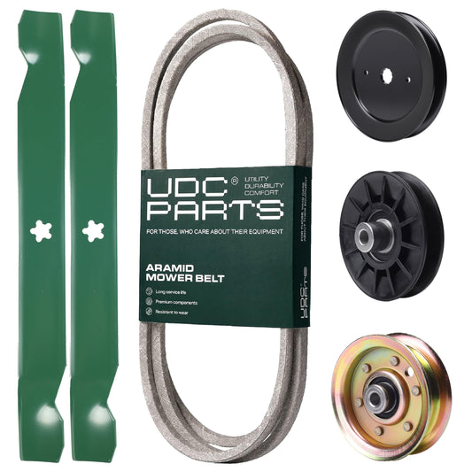 UDC Parts Mower Kit / Belt 140218 + Pulley 129861 + Pulley 532194326 + Pulley 173437 + 2 Pack Blades 138971 / Fits Husqvarna YTH2042 XP MOWER PARTS - UDC Parts Mower Kit / Belt 140218 + Pulley 129861 + Pulley 532194326 + Pulley 173437 + 2 Pack Blades 138971 / Fits Husqvarna YTH2042 XP