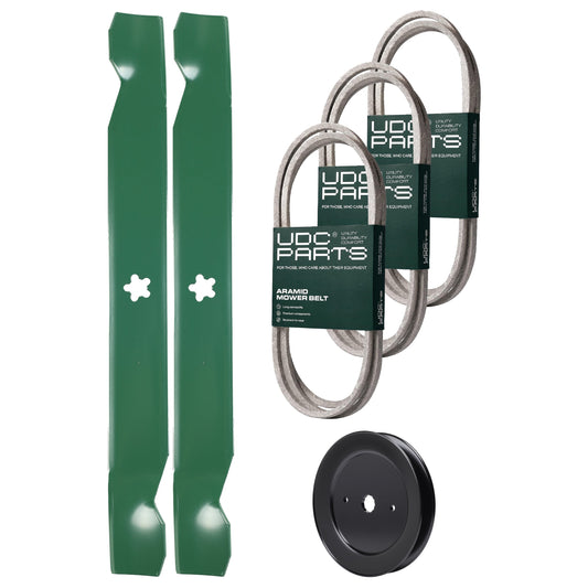 UDC Parts Mower Kit / Belt 138255 + Belt 144200 + Belt 144959 + Pulley 129861 + 2 Pack Blades 138971 / Fits Husqvarna YT150 YTH180 MOWER PARTS - UDC Parts Mower Kit / Belt 138255 + Belt 144200 + Belt 144959 + Pulley 129861 + 2 Pack Blades 138971 / Fits Husqvarna YT150 YTH180