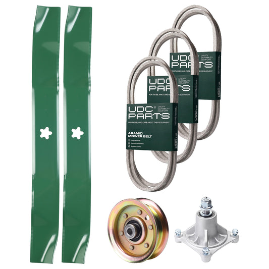 UDC Parts Mower Kit / Belt 140294 + Belt 174368 + Belt 180808 + Pulley 173437 + Spindle 532174356 + 2 Pack Blades 134149 / Fits Jonsered LT2122A2 MOWER PARTS - UDC Parts Mower Kit / Belt 140294 + Belt 174368 + Belt 180808 + Pulley 173437 + Spindle 532174356 + 2 Pack Blades 134149 / Fits Jonsered LT2122A2