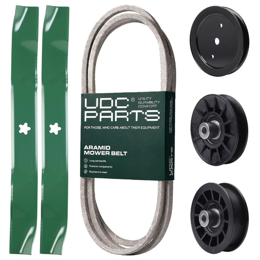 UDC Parts Mower Kit / Belt 140218 + Pulley 195945 + Pulley 532194326 + Pulley 532194327 + 2 Pack Blades 134149 / Fits Jonsered LT2216A2 LT2217A MOWER PARTS - UDC Parts Mower Kit / Belt 140218 + Pulley 195945 + Pulley 532194326 + Pulley 532194327 + 2 Pack Blades 134149 / Fits Jonsered LT2216A2 LT2217A