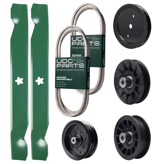 UDC Parts Mower Kit / Belt 194346 + Belt 140218 + Pulley 195945 + Pulley 532194326 + Pulley 532196106 + Pulley 532194327 + 2 Pack Blades 138497 / Fits Jonsered LT2216A2 Bulk Lawn Mower Blades - UDC Parts Mower Kit / Belt 194346 + Belt 140218 + Pulley 195945 + Pulley 532194326 + Pulley 532196106 + Pulley 532194327 + 2 Pack Blades 138497 / Fits Jonsered LT2216A2