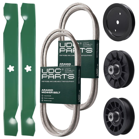 UDC Parts Mower Kit / Belt 194346 + Belt 138255 + Pulley 195945 + Pulley 532194326 + Pulley 532194327 + 2 Pack Blades 138497 / Fits Jonsered LT2216 MOWER PARTS - UDC Parts Mower Kit / Belt 194346 + Belt 138255 + Pulley 195945 + Pulley 532194326 + Pulley 532194327 + 2 Pack Blades 138497 / Fits Jonsered LT2216