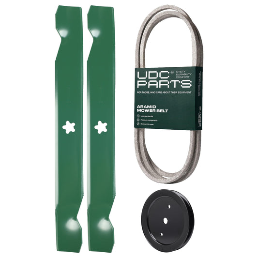 UDC Parts Mower Kit / Belt 140218 + Pulley 195945 + 2 Pack Blades 138497 / Fits Jonsered LT2216A2 LT2217A MOWER PARTS - UDC Parts Mower Kit / Belt 140218 + Pulley 195945 + 2 Pack Blades 138497 / Fits Jonsered LT2216A2 LT2217A