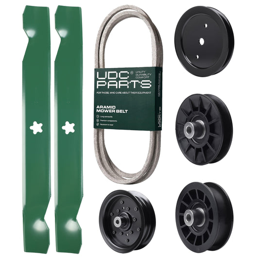 UDC Parts Mower Kit / Belt 130969 + Pulley 195945 + Pulley 532194326 + Pulley 532196106 + Pulley 532194327 + 2 Pack Blades 138497 / Fits Jonsered LT2216A2 LT2217A MOWER PARTS - UDC Parts Mower Kit / Belt 130969 + Pulley 195945 + Pulley 532194326 + Pulley 532196106 + Pulley 532194327 + 2 Pack Blades 138497 / Fits Jonsered LT2216A2 LT2217A