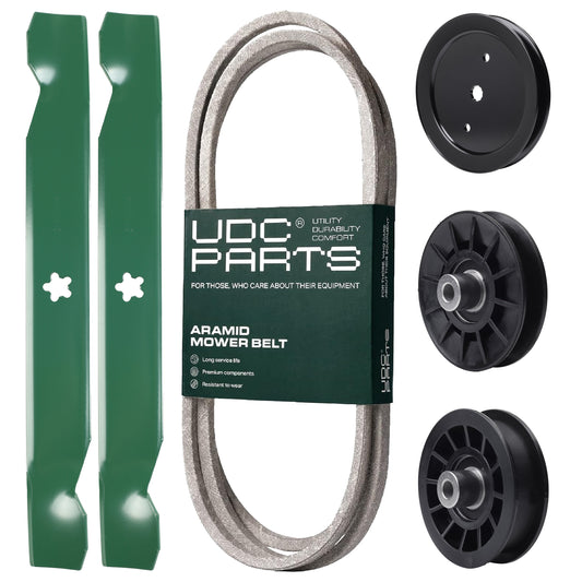 UDC Parts Mower Kit / Belt 130969 + Pulley 195945 + Pulley 532194326 + Pulley 532194327 + 2 Pack Blades 138497 / Fits Jonsered LT2216A2 LT2217A MOWER PARTS - UDC Parts Mower Kit / Belt 130969 + Pulley 195945 + Pulley 532194326 + Pulley 532194327 + 2 Pack Blades 138497 / Fits Jonsered LT2216A2 LT2217A