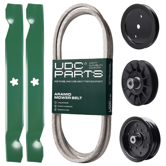 UDC Parts Mower Kit / Belt 140218 + Pulley 195945 + Pulley 532194326 + Pulley 532196106 + 2 Pack Blades 138497 / Fits Jonsered LT2216A2 LT2217A MOWER PARTS - UDC Parts Mower Kit / Belt 140218 + Pulley 195945 + Pulley 532194326 + Pulley 532196106 + 2 Pack Blades 138497 / Fits Jonsered LT2216A2 LT2217A