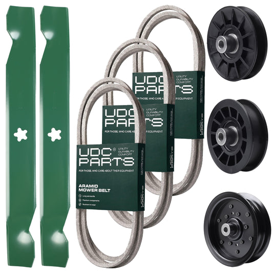 UDC Parts Mower Kit / Belt 194346 + Belt 138255 + Belt 197253 + Pulley 532194326 + Pulley 532196106 + Pulley 532194327 + 2 Pack Blades 138497 / Fits Jonsered LT2216 MOWER PARTS - UDC Parts Mower Kit / Belt 194346 + Belt 138255 + Belt 197253 + Pulley 532194326 + Pulley 532196106 + Pulley 532194327 + 2 Pack Blades 138497 / Fits Jonsered LT2216