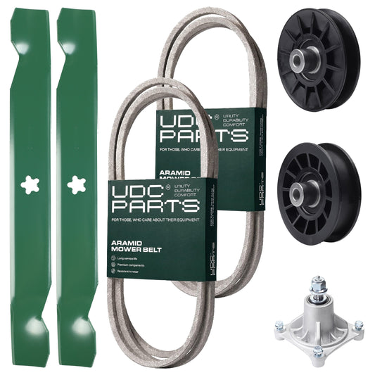 UDC Parts Mower Kit / Belt 138255 + Belt 194346 + Pulley 532194326 + Pulley 532194327 + Spindle 532174356 + 2 Pack Blades 138497 / Fits Husqvarna LT1597 MOWER PARTS - UDC Parts Mower Kit / Belt 138255 + Belt 194346 + Pulley 532194326 + Pulley 532194327 + Spindle 532174356 + 2 Pack Blades 138497 / Fits Husqvarna LT1597