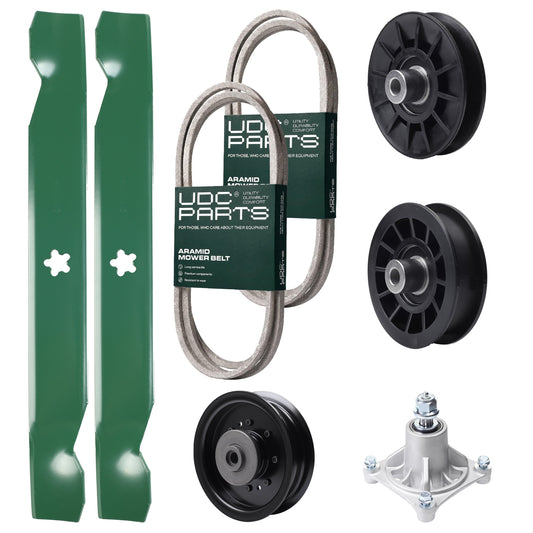 UDC Parts Mower Kit / Belt 138255 + Belt 194346 + Pulley 532194326 + Pulley 532194327 + Pulley 532196104 + Spindle 532174356 + 2 Pack Blades 138497 / Fits Husqvarna LT1597 Bulk Lawn Mower Blades - UDC Parts Mower Kit / Belt 138255 + Belt 194346 + Pulley 532194326 + Pulley 532194327 + Pulley 532196104 + Spindle 532174356 + 2 Pack Blades 138497 / Fits Husqvarna LT1597