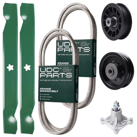 UDC Parts Mower Kit / Belt 138255 + Belt 194346 + Pulley 532194327 + Pulley 532196104 + Spindle 532174356 + 2 Pack Blades 138497 / Fits Husqvarna LT1597 MOWER PARTS - UDC Parts Mower Kit / Belt 138255 + Belt 194346 + Pulley 532194327 + Pulley 532196104 + Spindle 532174356 + 2 Pack Blades 138497 / Fits Husqvarna LT1597