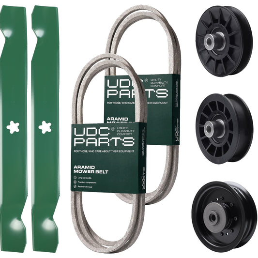 UDC Parts Mower Kit / Belt 138255 + Belt 194346 + Pulley 532194326 + Pulley 532194327 + Pulley 532196104 + 2 Pack Blades 138497 / Fits Husqvarna LT1597 MOWER PARTS - UDC Parts Mower Kit / Belt 138255 + Belt 194346 + Pulley 532194326 + Pulley 532194327 + Pulley 532196104 + 2 Pack Blades 138497 / Fits Husqvarna LT1597