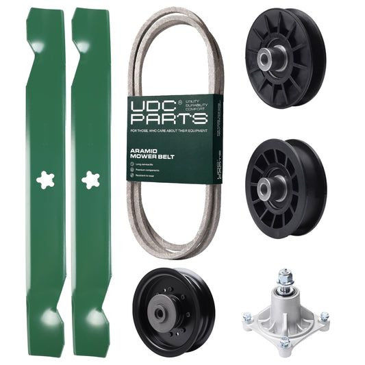 UDC Parts Mower Kit / Belt 138255 + Pulley 532194326 + Pulley 532194327 + Pulley 532196104 + Spindle 532174356 + 2 Pack Blades 138497 / Fits Husqvarna LT1597 MOWER PARTS - UDC Parts Mower Kit / Belt 138255 + Pulley 532194326 + Pulley 532194327 + Pulley 532196104 + Spindle 532174356 + 2 Pack Blades 138497 / Fits Husqvarna LT1597